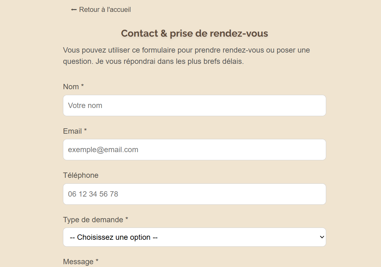 Capture d'écran du formulaire de contact